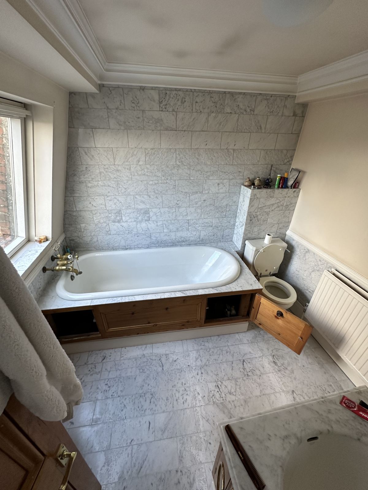 Panelled bath — now the walk-in shower — Black Frame, White Marble — Bathroom, Putney