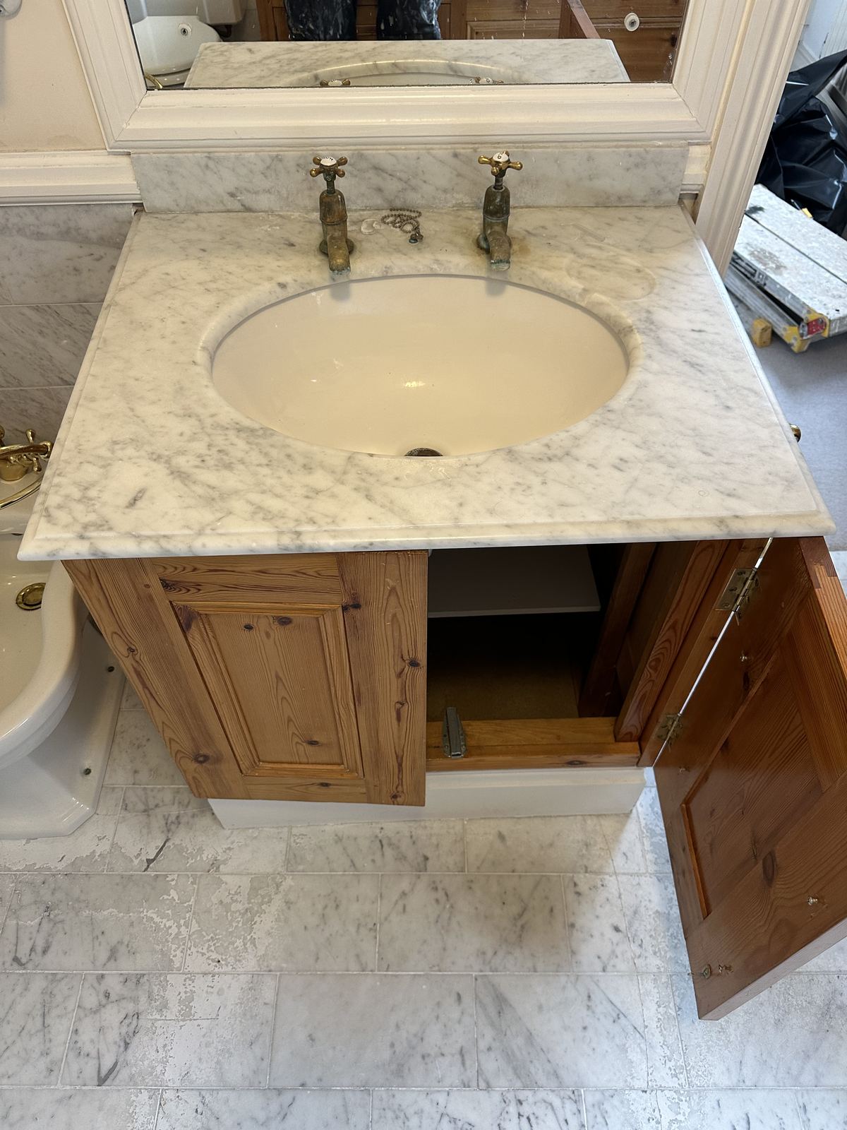 Pine vanity — now a black double basin — Black Frame, White Marble — Bathroom, Putney
