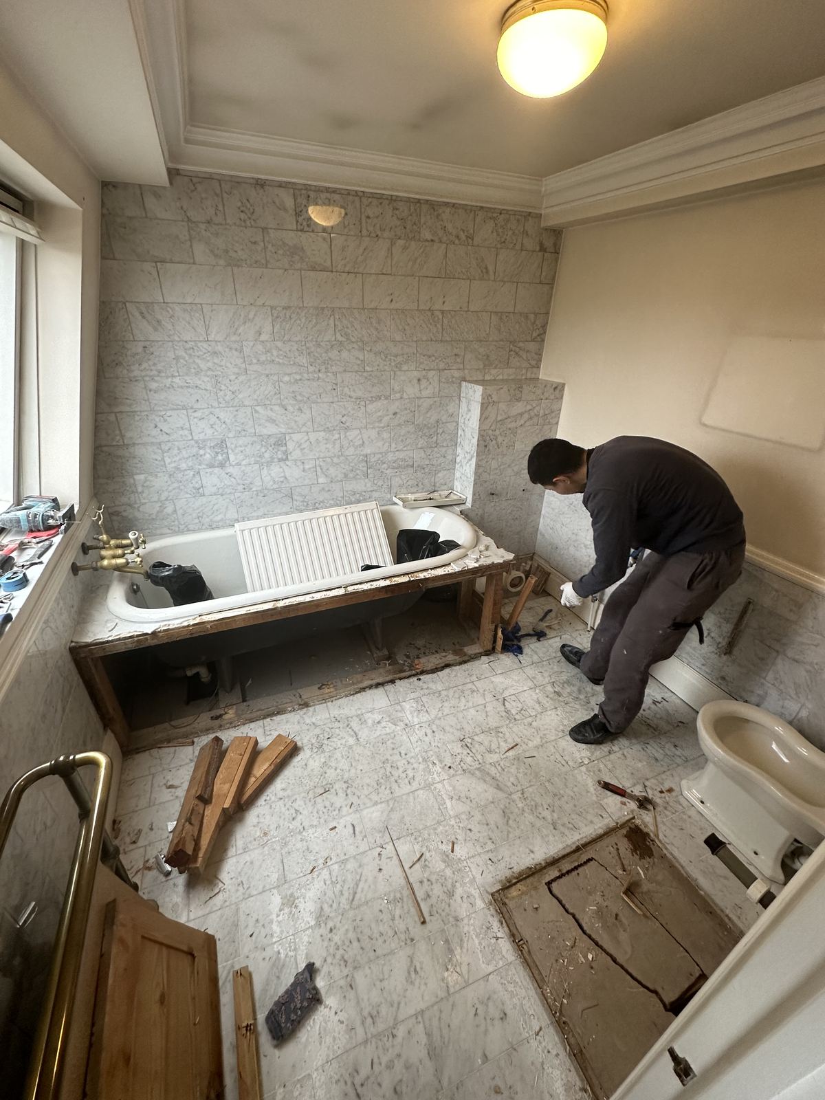 Strip-out — Black Frame, White Marble — Bathroom, Putney