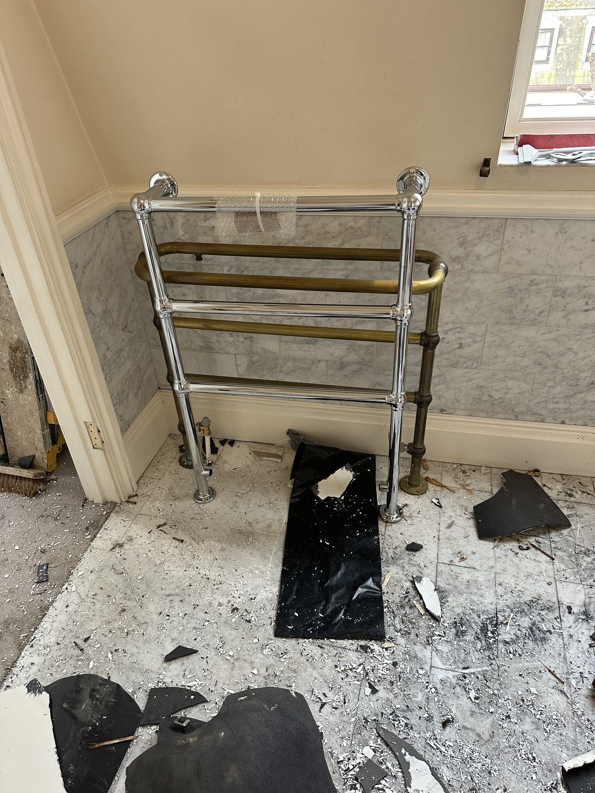 Clearing the floor — Black Frame, White Marble — Bathroom, Putney