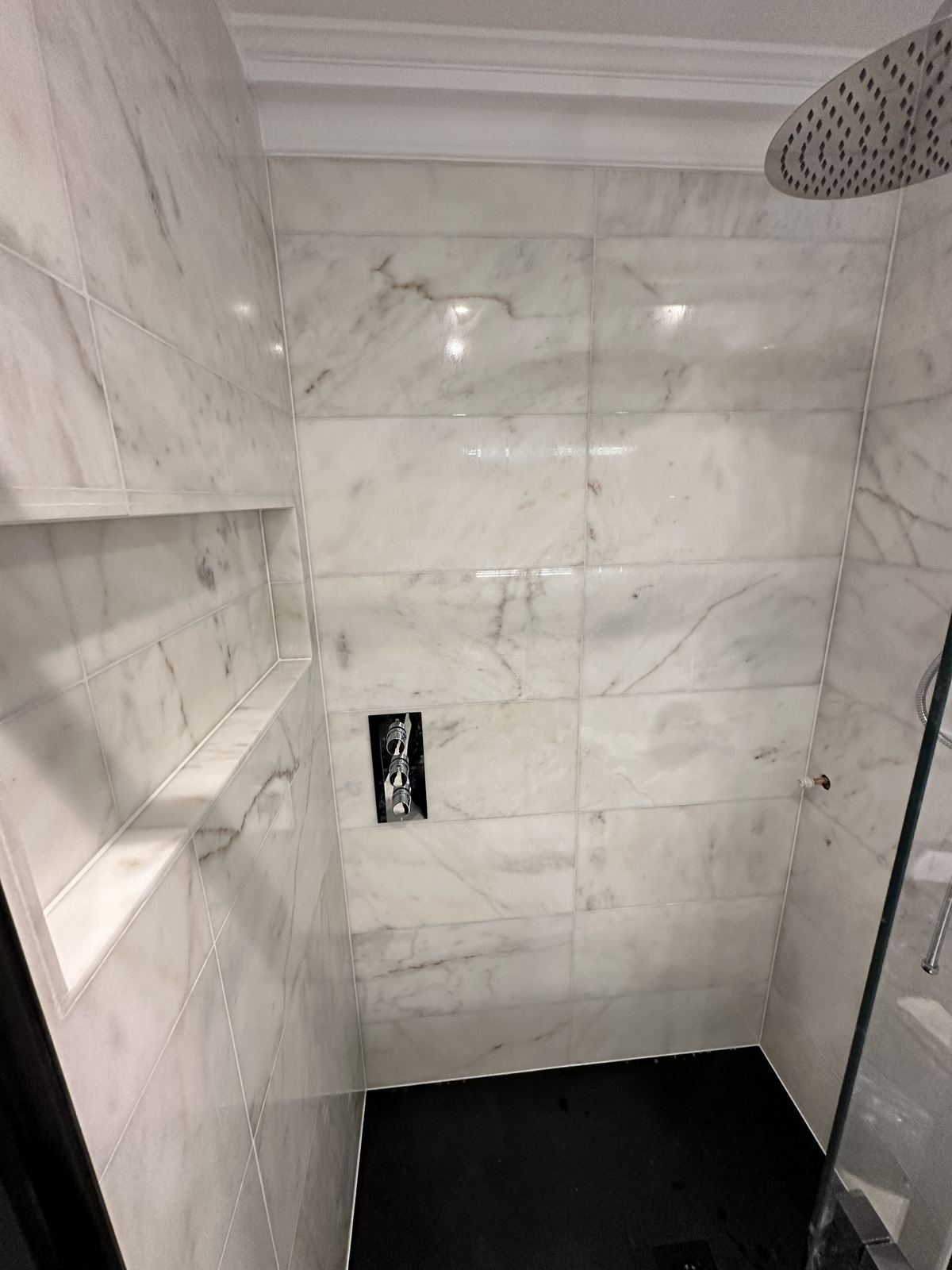 Shower walls — Black Frame, White Marble — Bathroom, Putney