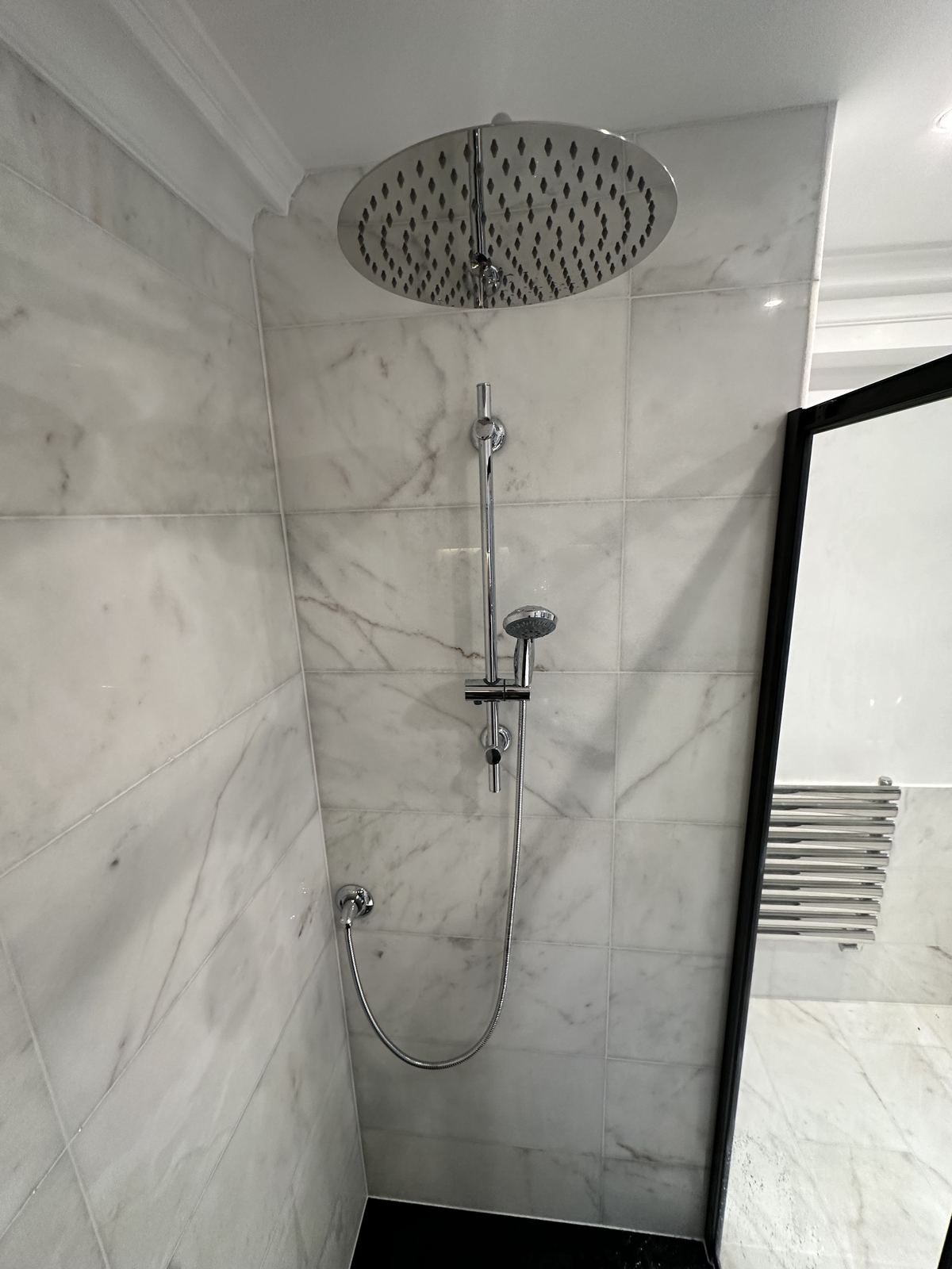 First fittings — Black Frame, White Marble — Bathroom, Putney
