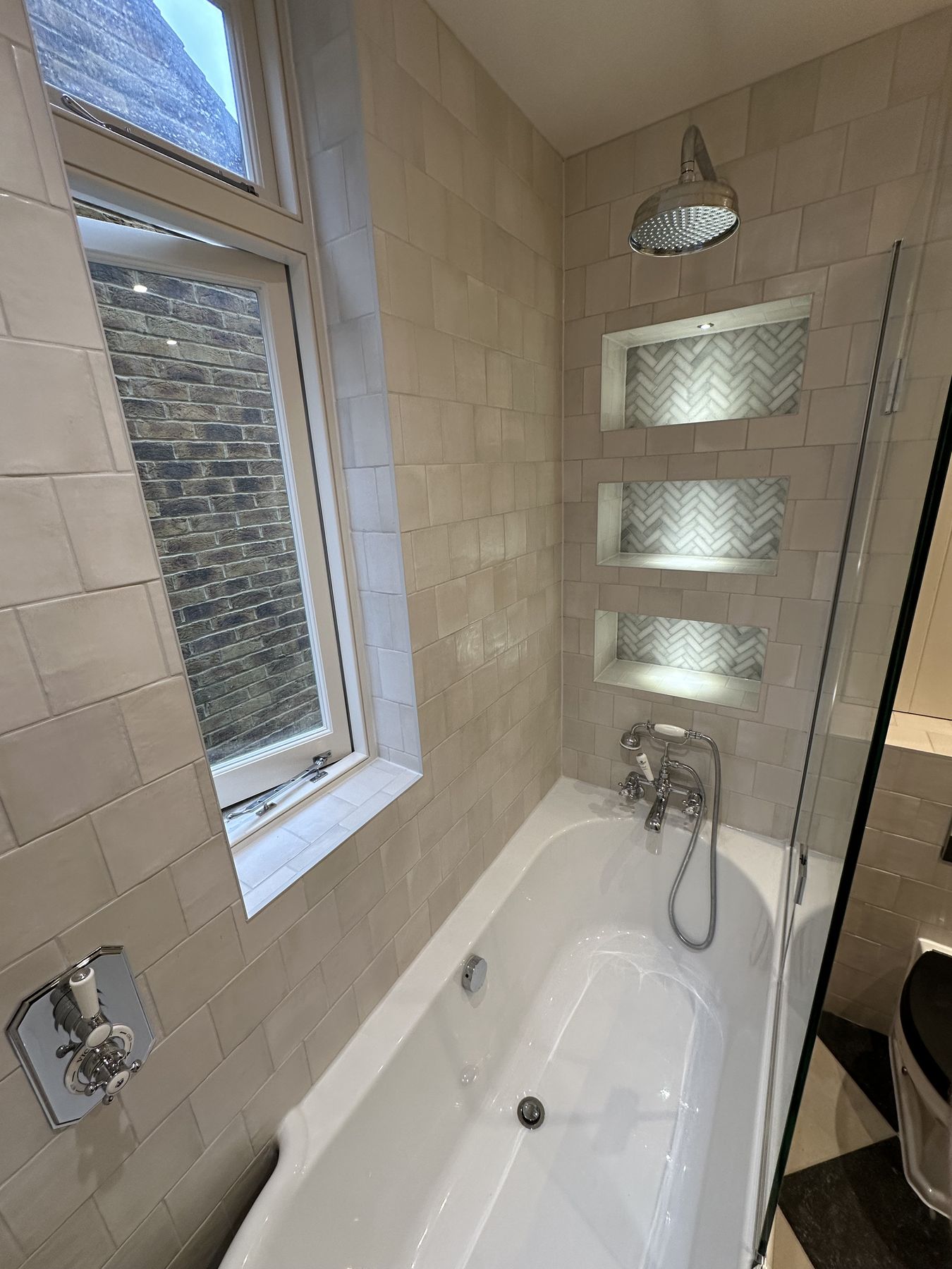 Shelving recess — Checkerboard Classic — Family Bathroom, Teddington