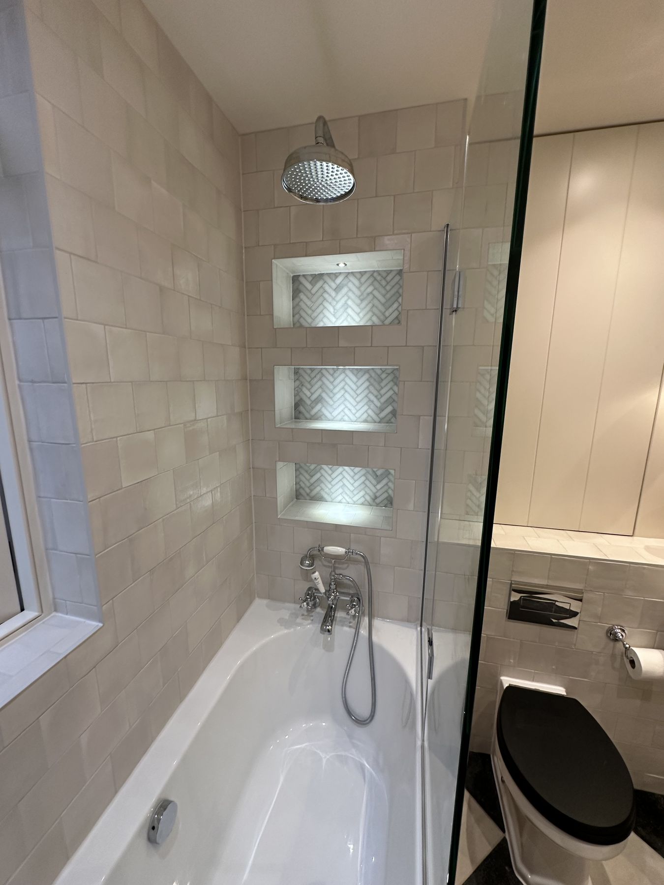 Shelving lit — Checkerboard Classic — Family Bathroom, Teddington