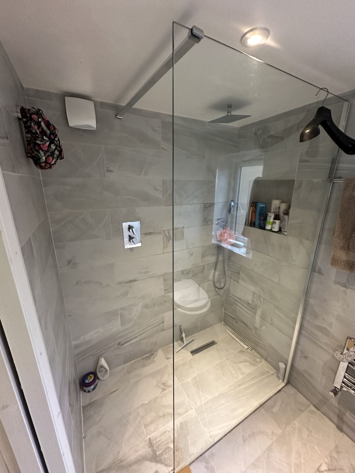 Grey tiling — Deep Green, Warm Walnut — Shower Room, Twickenham