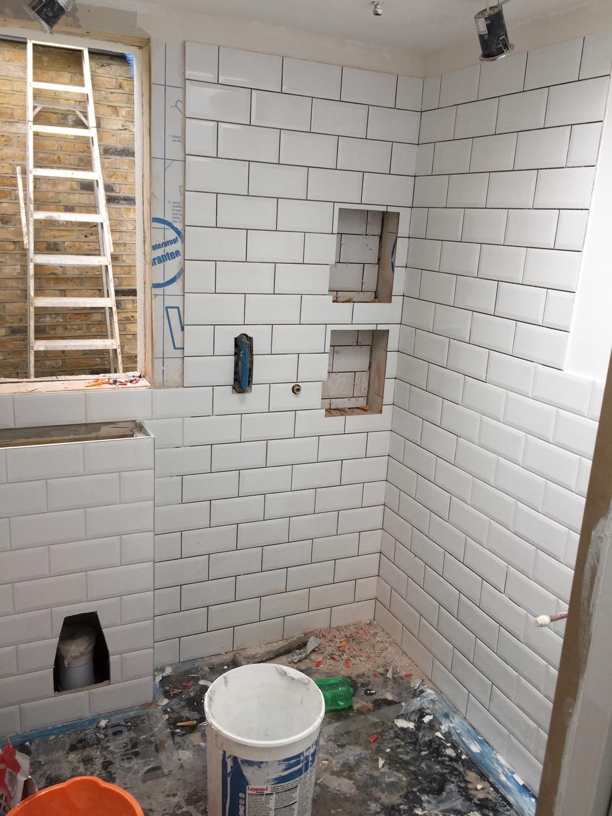 Metro tiling — Pattern and Precision — Family Bathroom, Wimbledon