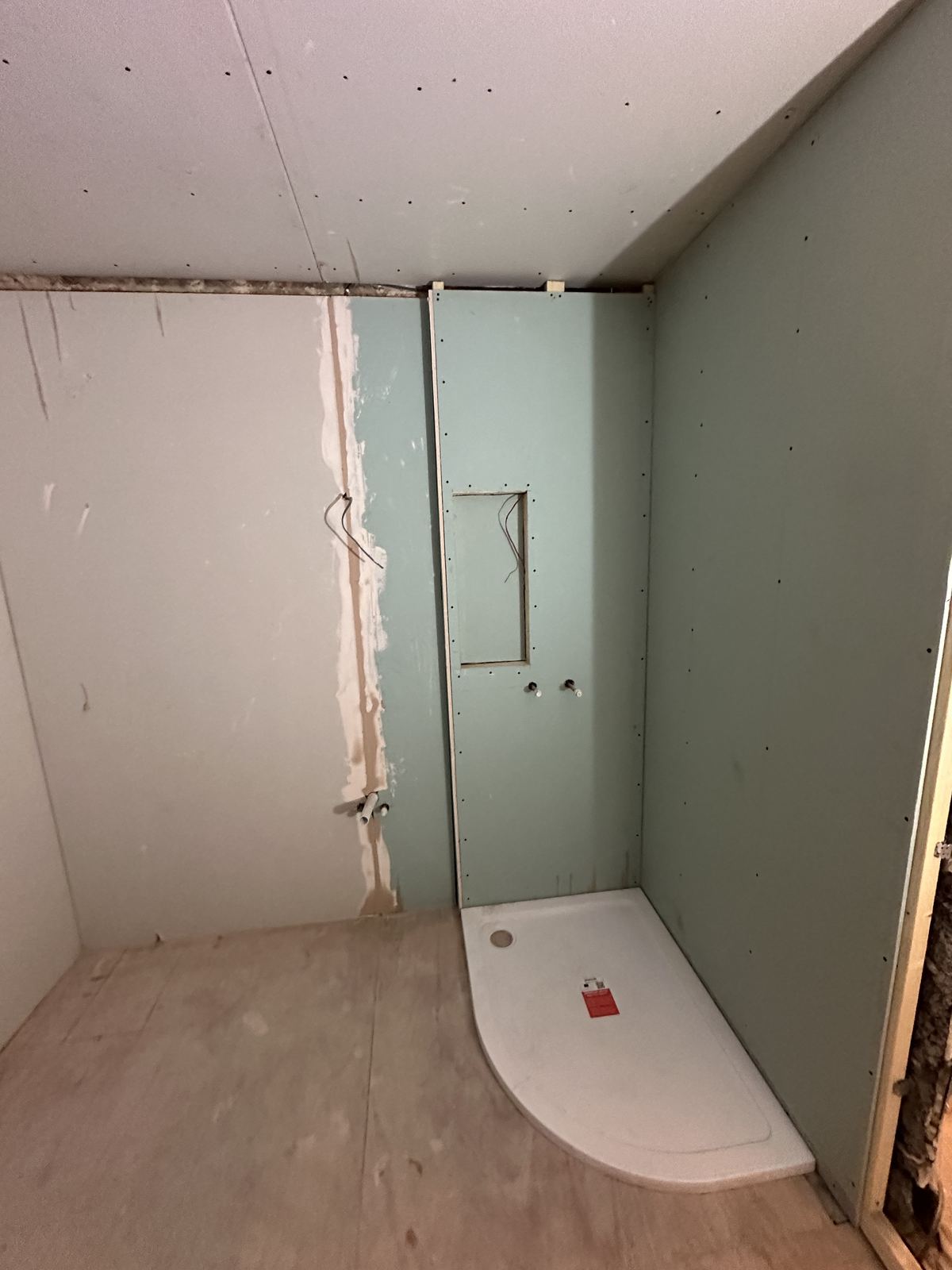 Shower corner — Terrazzo and Sunlight — Family Bathroom, Raynes Park