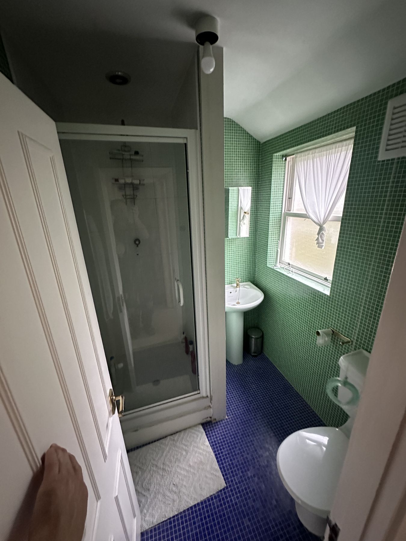 Green mosaic — Warm Stone, Black Lines — Shower Room, Putney
