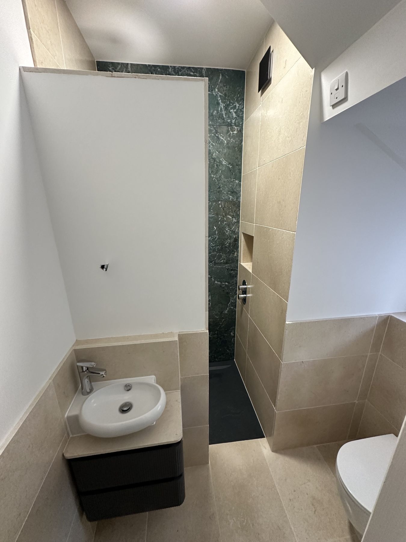 Vanity wall tiled — Warm Stone, Black Lines — Shower Room, Putney