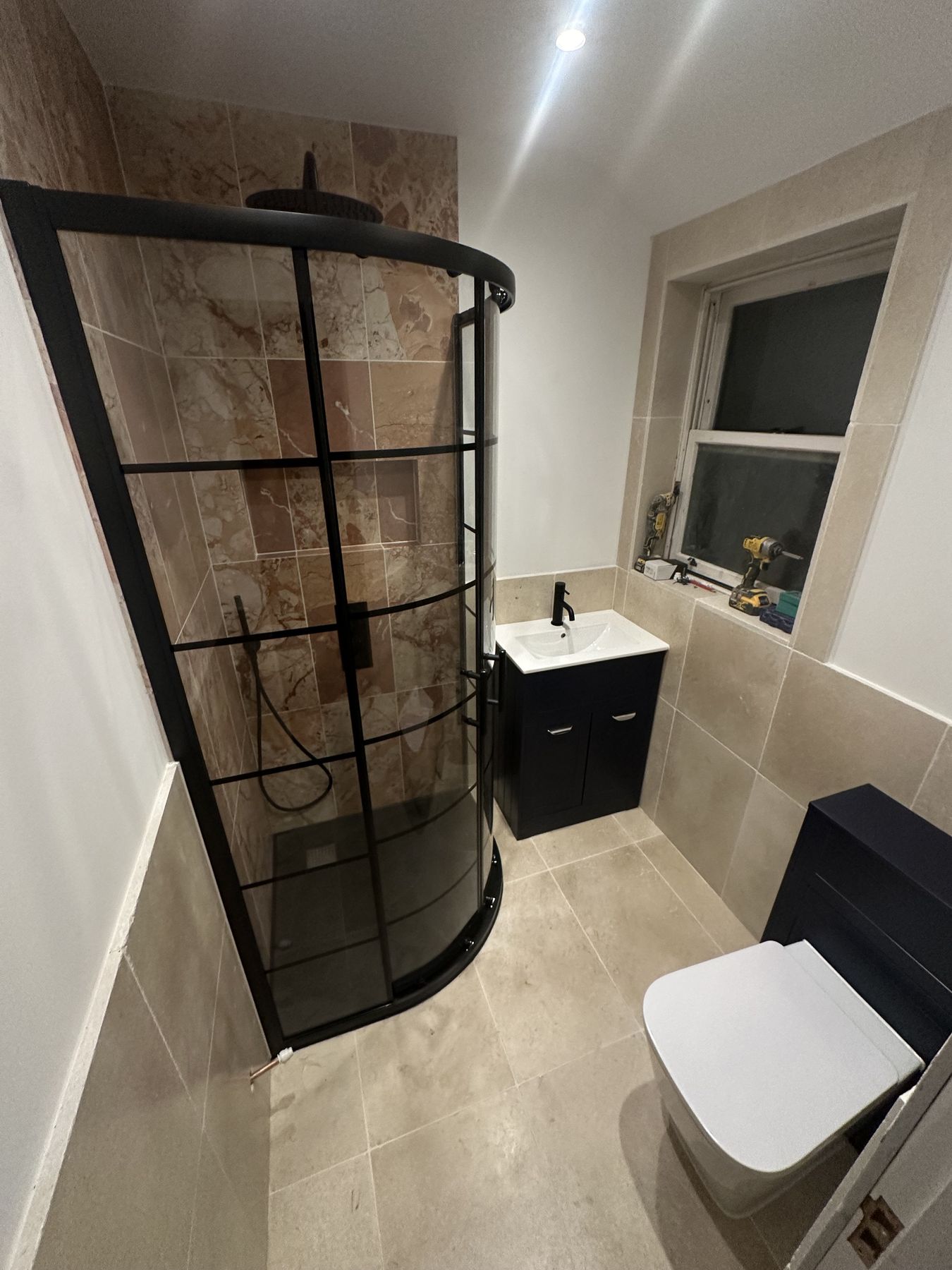 Enclosure — Warm Stone, Black Lines — Shower Room, Putney